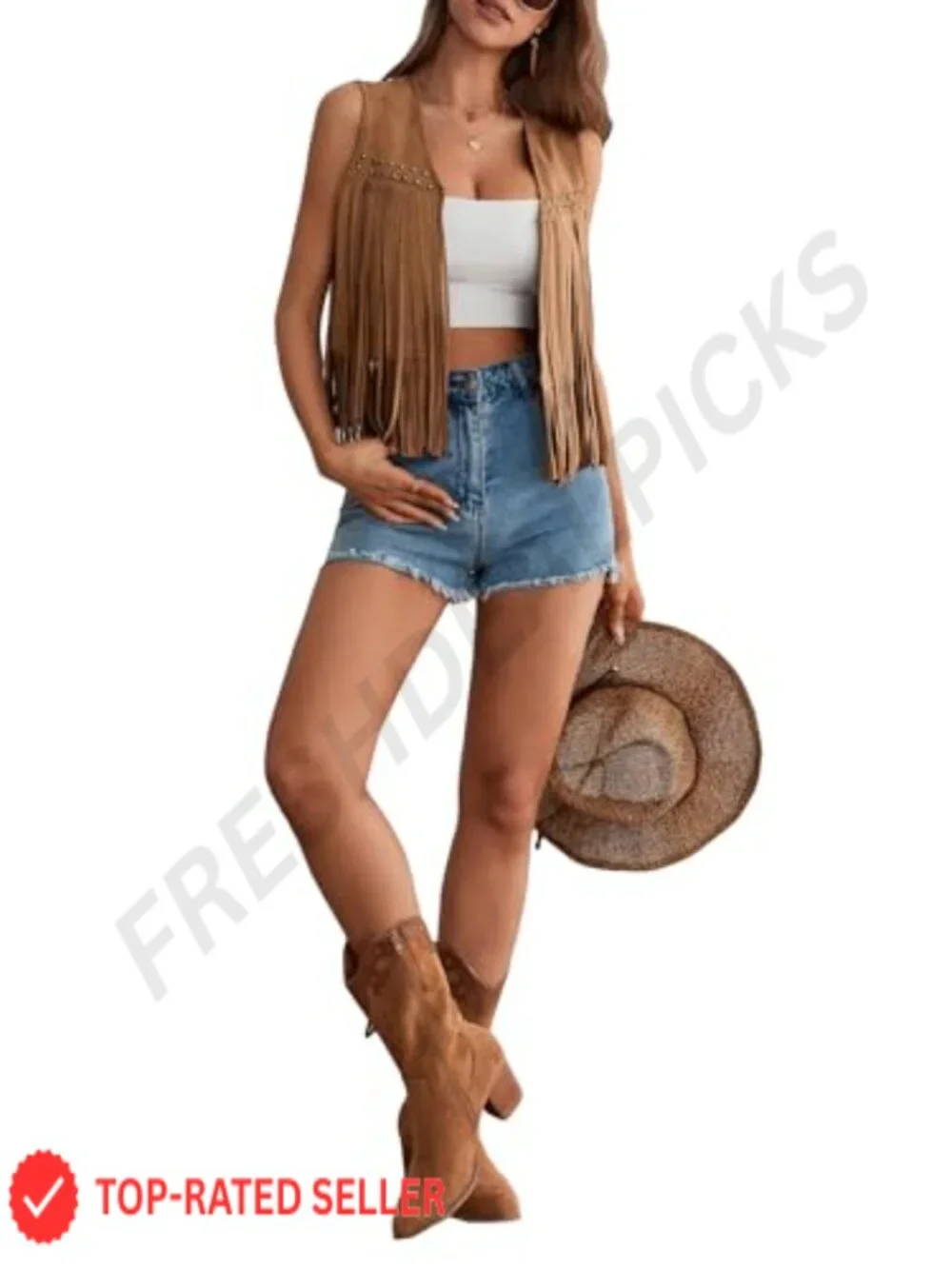 Faux Suede Fringe Vest for Women 70s Cowgirl Concert Outfit Tassel Sleeveless
